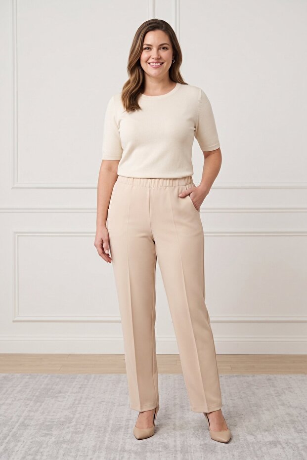 Women's Elastic Waist, Side Pockets, Front Stitching, Straight Leg Trousers