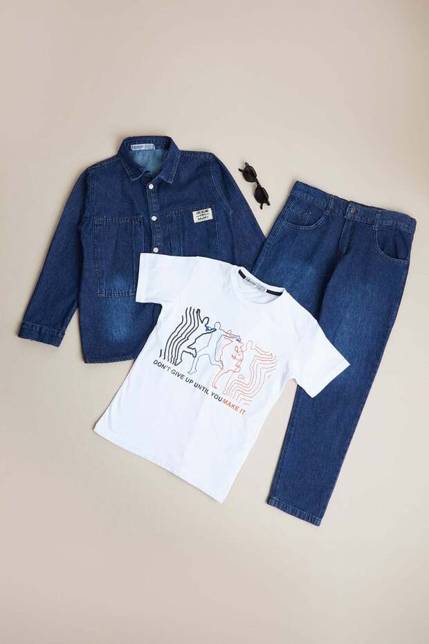 Buttoned Polo Collar Boys' Jean 3-Piece Set