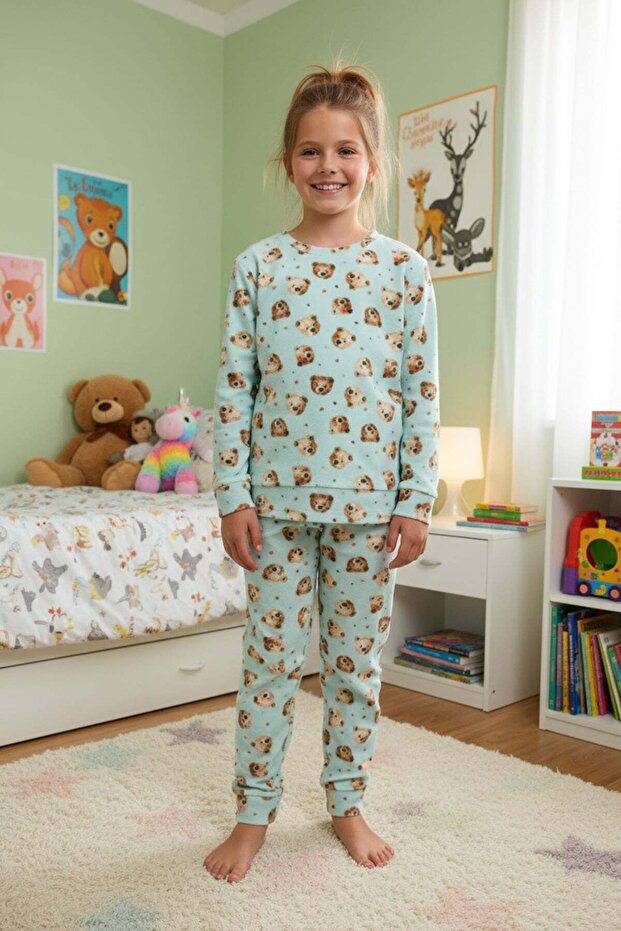 Teddy Bear Patterned Fleece Unisex Children's Pajama Set