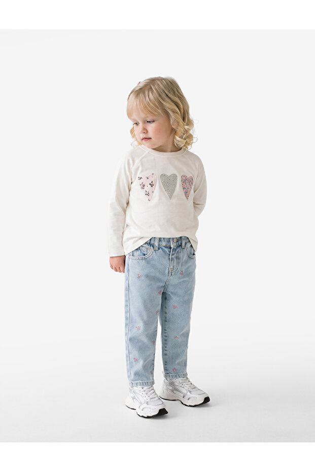 Cotton Long Sleeve Crew Neck T-Shirt with Applique Detail