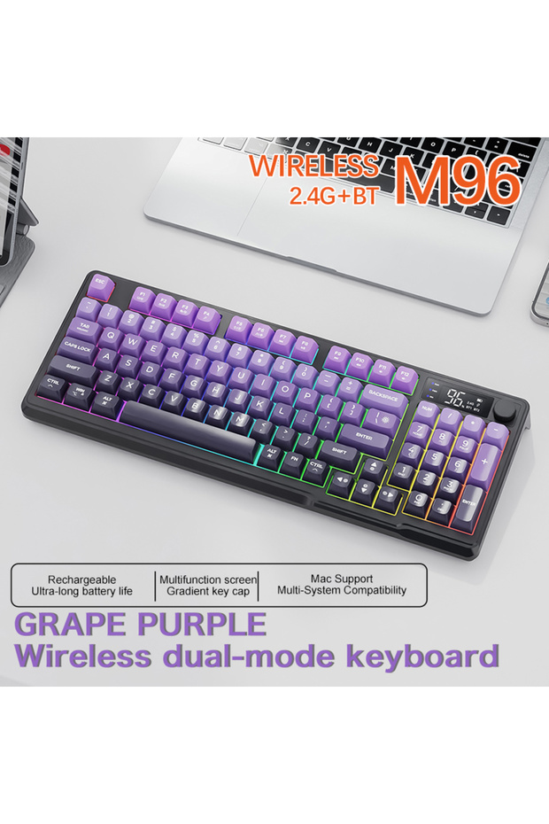Gray Purple M96 Bluetooth Keyboard Wireless FREEWOLF Screen Gaming Keyboard,Electronic Screen, Multi