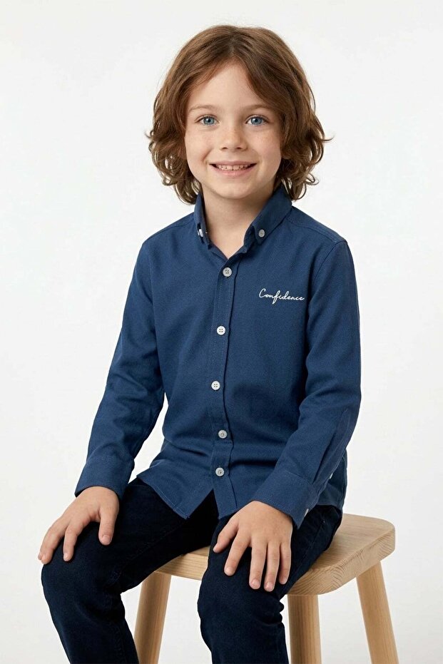 Yazı Printed Boys' Shirt with Folded Sleeves