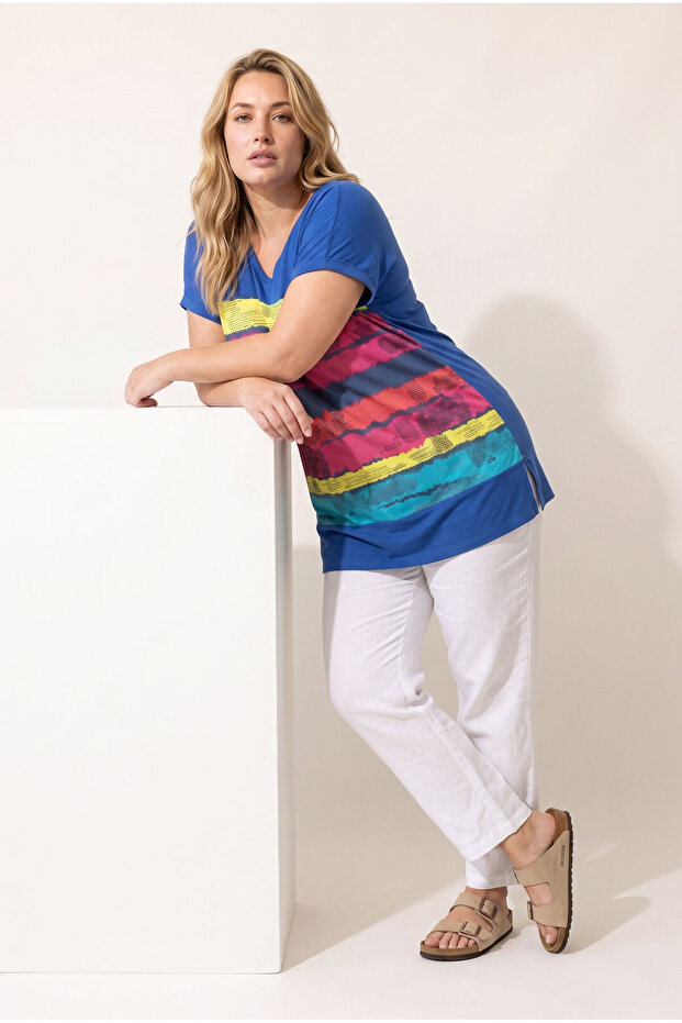 Plus Size V-Neck Short Sleeve Striped Lycra Viscose T-Shirt 302951