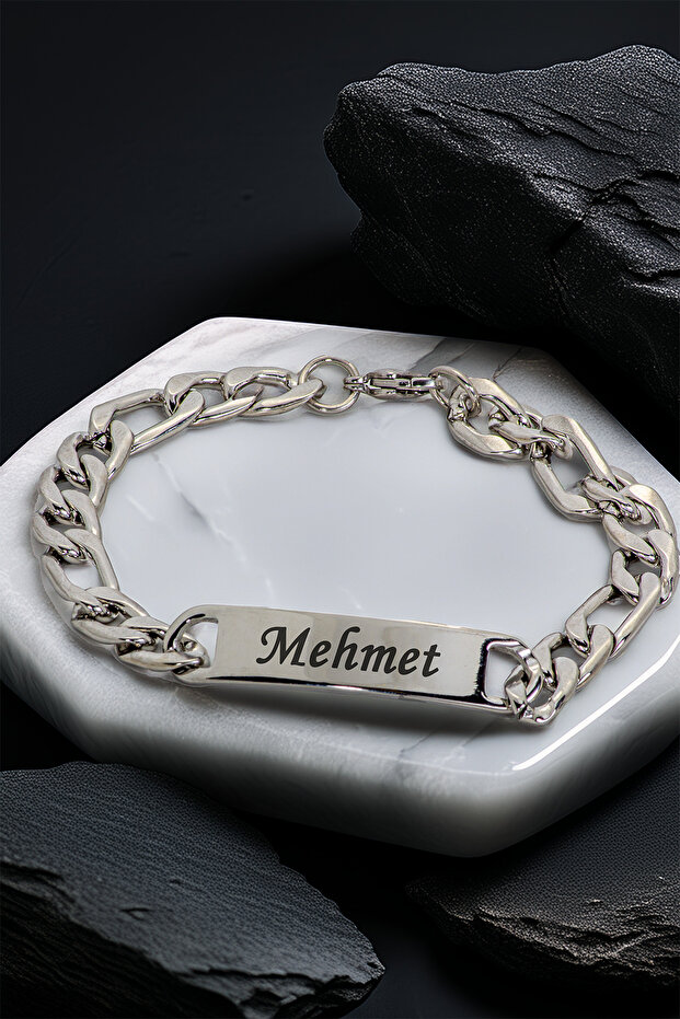 Men's Steel Bracelet - Name Writable Figaro Chain Model Men's Bracelet