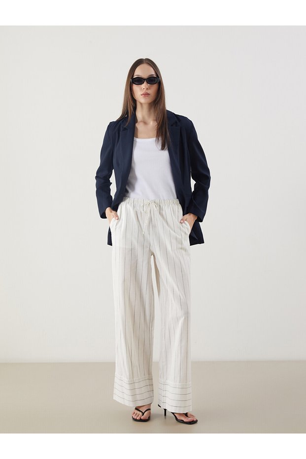 Trendlucky Women's Striped Linen Blend Trousers with Elastic Waist
