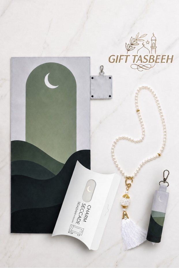 CHARM SAJADAH Earth Collection Luxury Foldable Travel Prayer Mat with Pearl Tasbeeh Gift Set | Portable Muslim Prayer Rug for Hajj, Umrah & Daily Salah