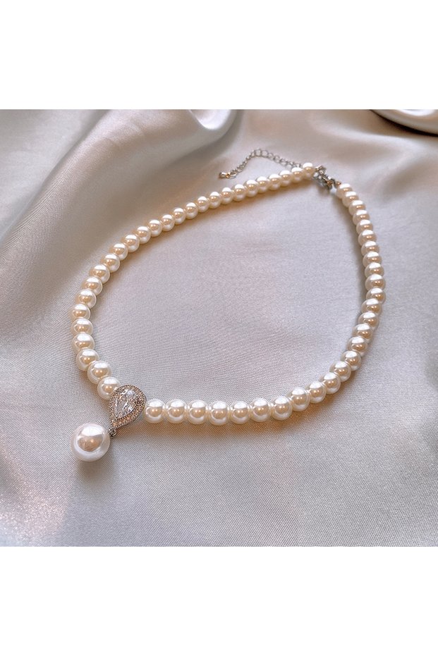 HN5207-1 Pearl Zircon Pendant Water Drop Necklace for Women Retro Light Luxury Sweater Chain Necklac