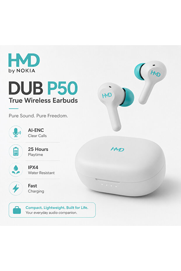 سماعات أذن لاسلكية حقيقية DUB P50، مشغلات صوت 6 مم، ميكروفونان بتقنية AI-ENC، قابلة للحمل، وقت تشغيل 25 ساعة، زمن استجابة منخفض، مقاومة للماء IPX4، لون أبيض