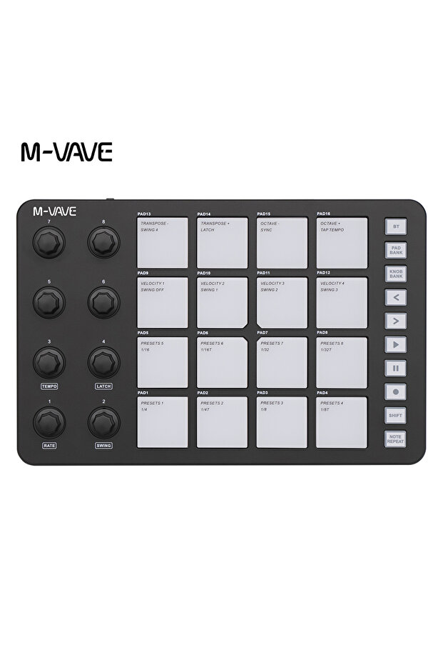 SMC-PAD أسود M-VAVE SMC-PAD، وحدة تحكم MIDI بـ 16 وسادة، واجهة USB-C، صانع إيقاعات محمول ومخرج 3.5 ملم