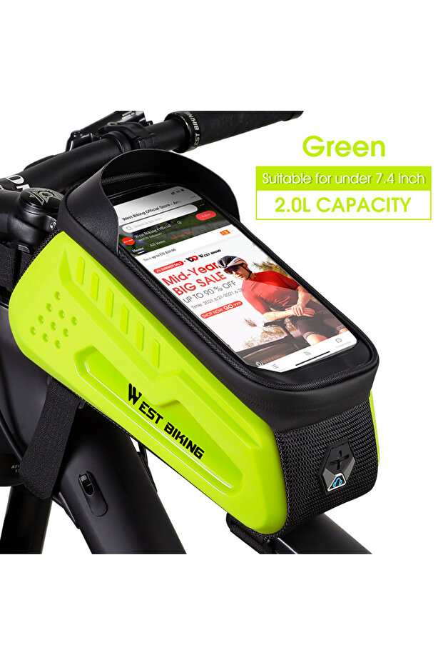 Green WEST BIKING Waterproof Bicycle Bag Cycling Top Tube Front Frame Bag 7.4 Inches Phone Case Stor