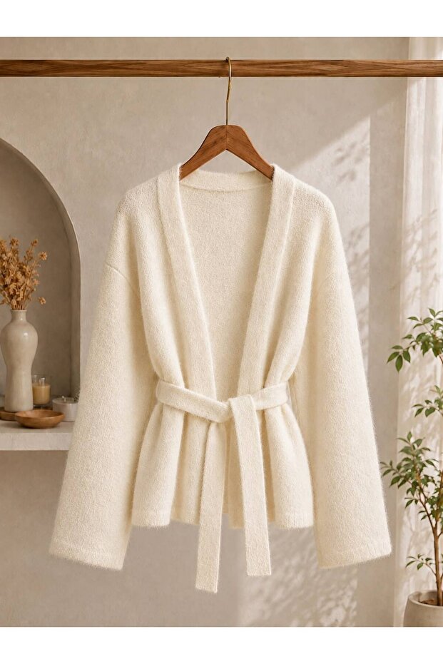 Belted Women's Beard Knitwear Cardigan 75 cm