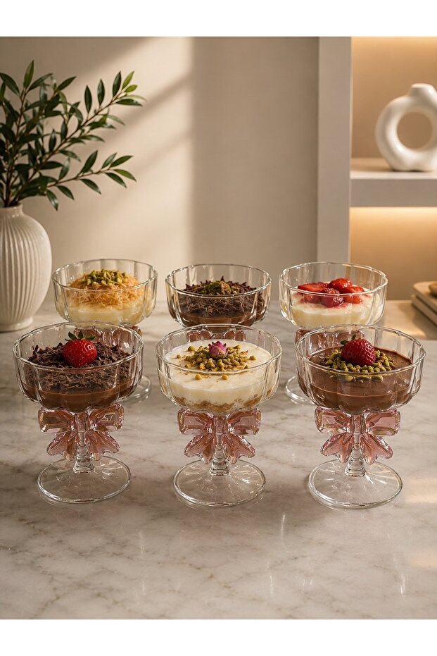 6-Piece Pink Bowknot Glass Footed Dessert Bowl Set, Ice Cream Bowl and Presentation Bowl (200 ml)