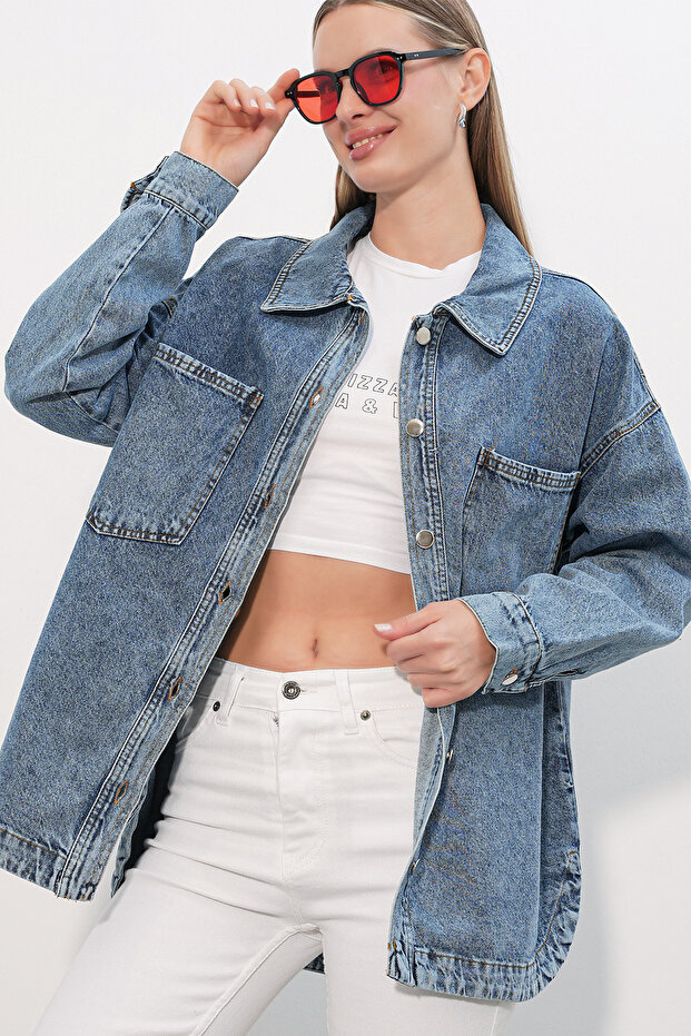 0694 Double Pocket Oversize Denim Jacket - Ice Blue