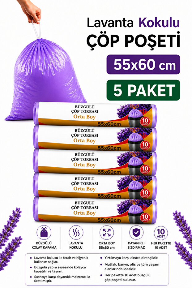 Lavender Scented Medium Size 55X60 Drawstring Garbage Bag - 50 Pieces (5 Packs) 40 Liter Garbage Bag