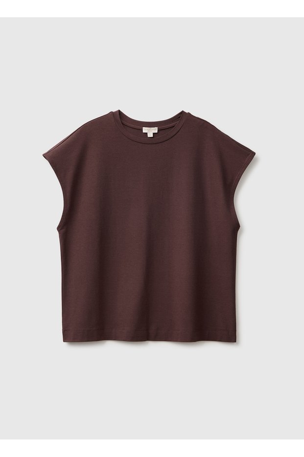 Women's Dark Brown Cotton Blend Short Sleeve Crew Neck Top