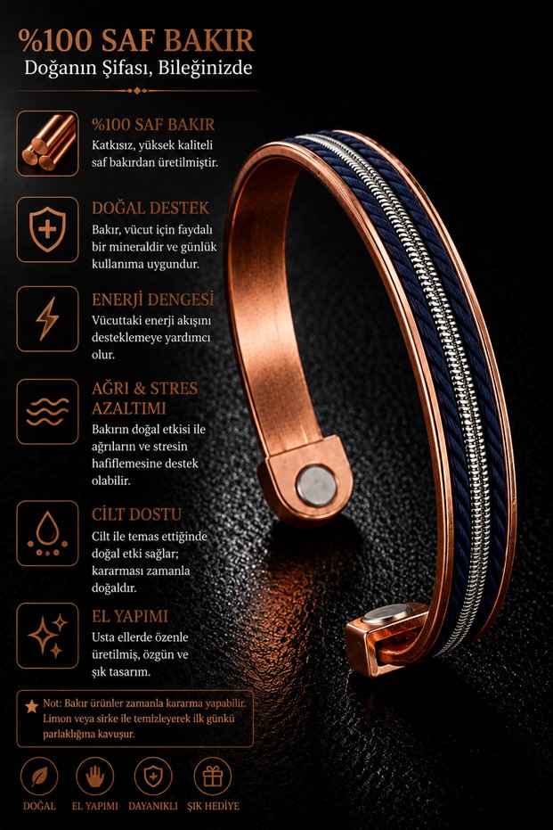 Men's and Women's Navy Blue Copper Bracelet with Leather Strips on Top, Steel Chain, Magnetic Model, Pure Copper Bracelet