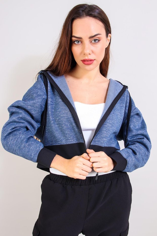 Crop Hooded Cardigan, Indigo (B20-501301)