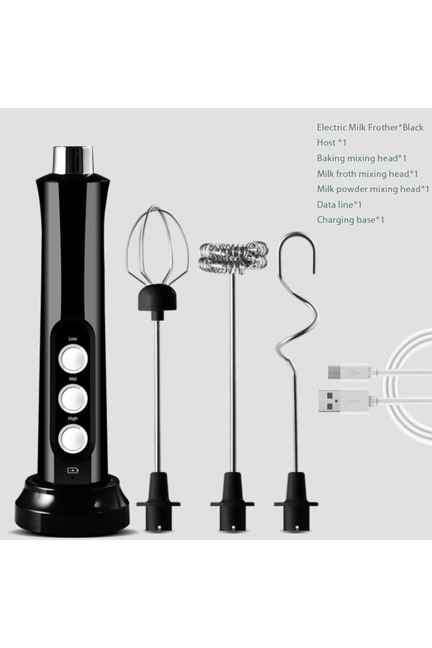 black 3 In 1 Electric Milk Frother Rechargeable Milk Foam Maker Handheld Foamer High Speeds Milk Fro