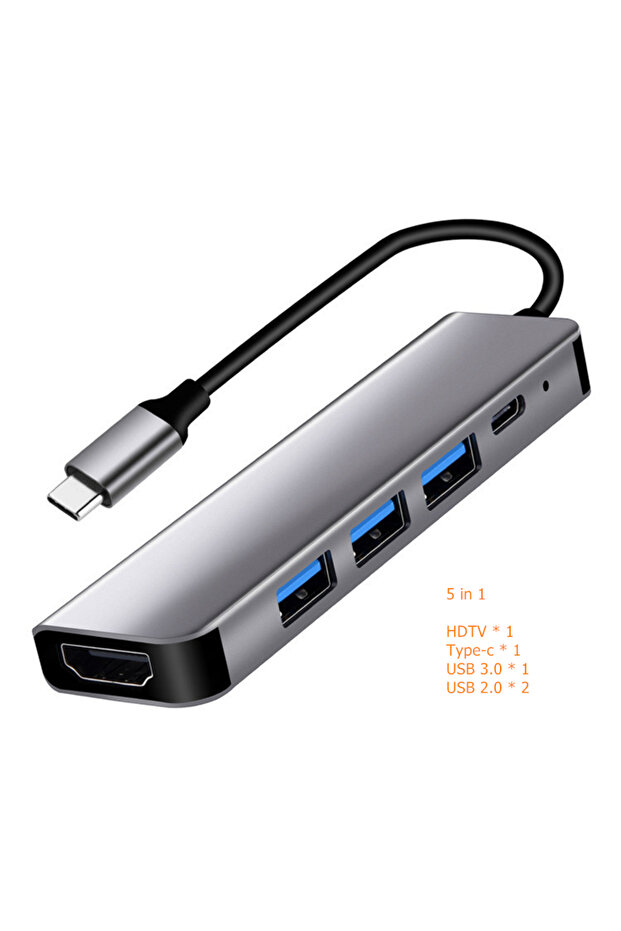 موزع USB C رمادي 5 في 1 إلى قارئ بطاقة SD TF متوافق مع HDMI بدقة 4K وUSB 3.0 2.0 من النوع C وقاعدة شحن