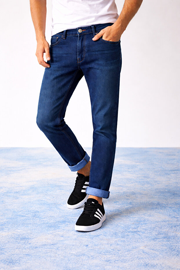 Men's Slim Fit blue jeans - cuffed hems, natural wash trousers