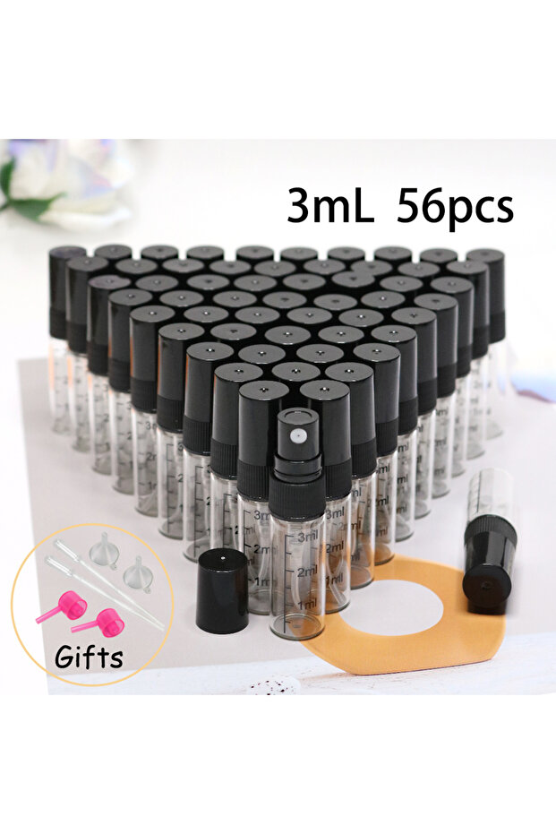زجاجات عطر زجاجية شفافة سعة 3 مل (56 قطعة) + 6 أدوات، زجاجات رش زجاجية مدرجة سعة 2/3 مل، 5/10