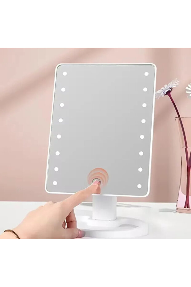 مرآة مكياج مربعة بيضاء بإضاءة LED قابلة للتعديل وحامل منظم لمستحضرات التجميل