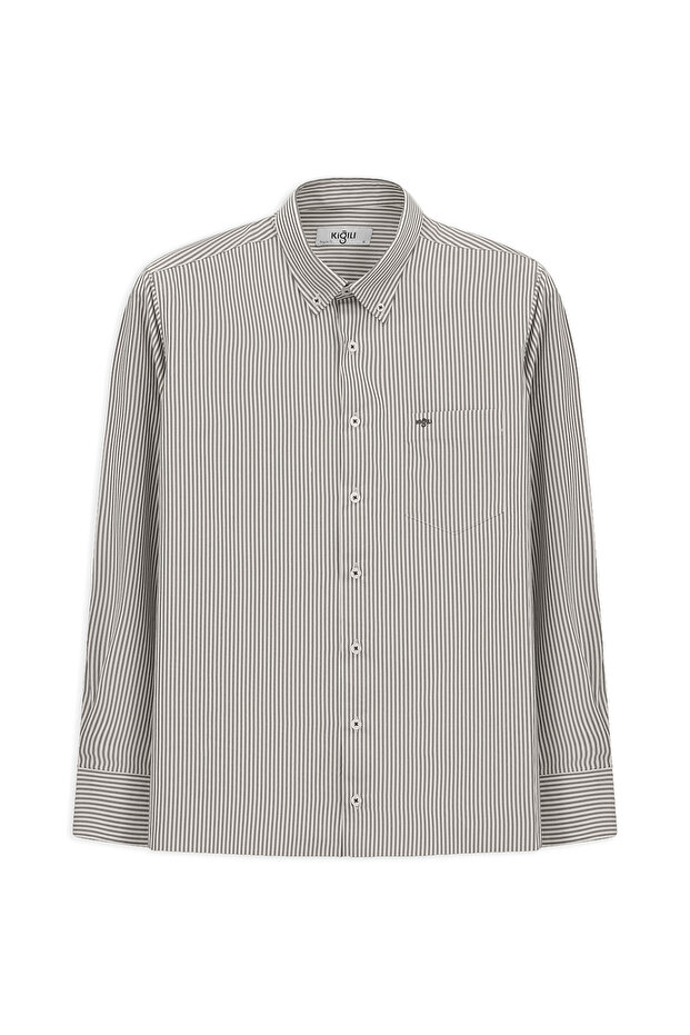 Long Sleeve Regular Fit Striped Button Collar Cotton Piece Easy to Wear Shirt
