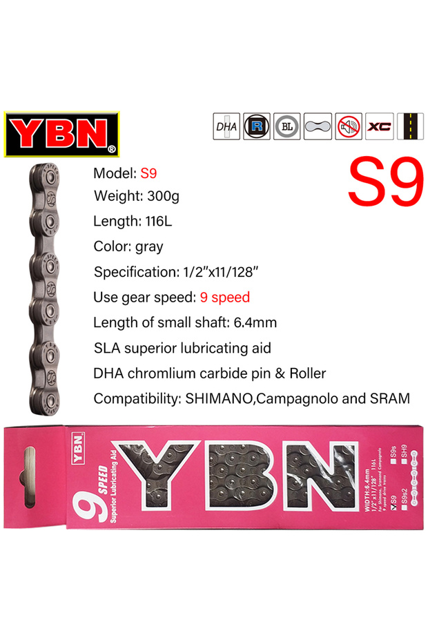 9 Speed S9 Boxed YBN Bike Chains 8 9 10 11 12 13 Speed MTB ROAD Bike Chain 116/126 Links MTB Road Bi