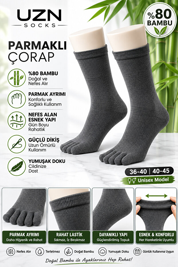 2 pairs bamboo 5-finger socks unisex toe separated breathable everyday socks