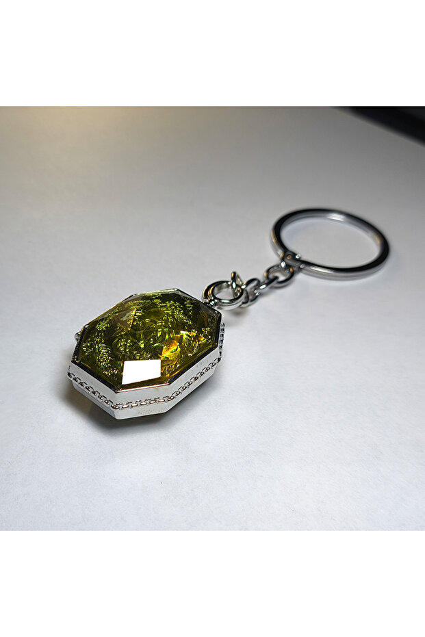 Silver Color Sparkle Gem Keychain Multi-Faceted Green/Yellow Crystal Bling Metal Rim Sparkle Unique