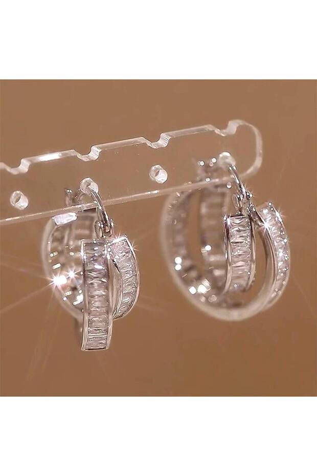 E4464 Huitan Fashion Double Circle Women Hoop Earrings Silver Color Inlaid Sparkling CZ Elegant Part