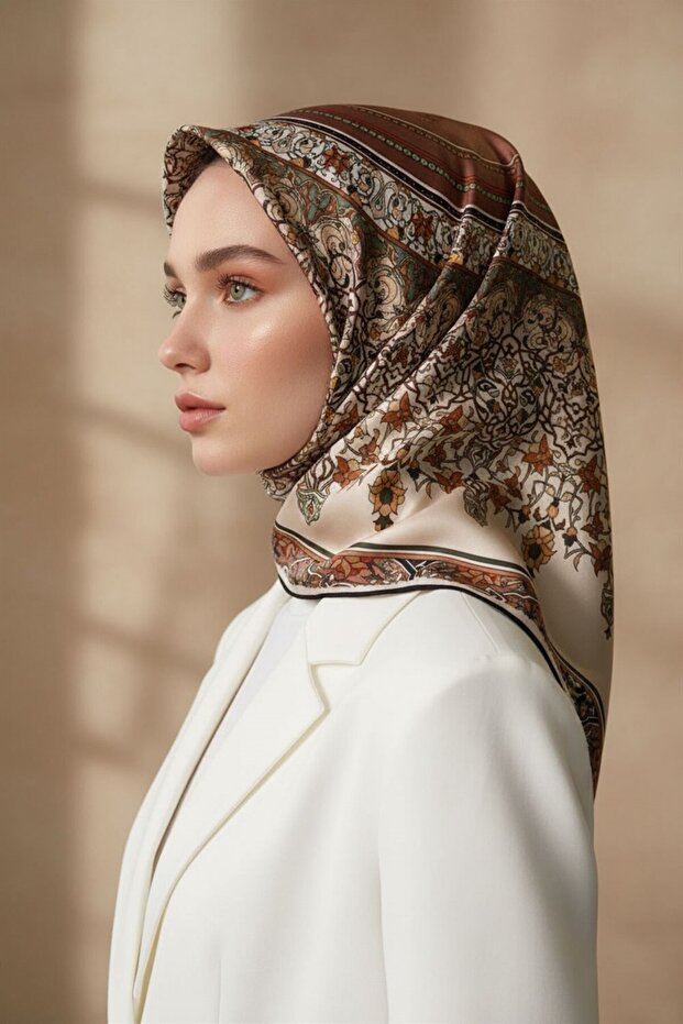 100% Twill Silk Shawl Patterned Copper Color 90X90 Scarf Sewing Shape: Hand Sewing