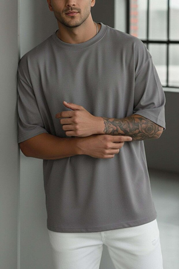 Men's Gray Basic Plain Unprinted Oversize Salas Boyfriend T-Shirt