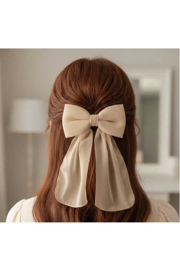 Beige Oversized Tailored Chiffon Bow Automatic Buckle