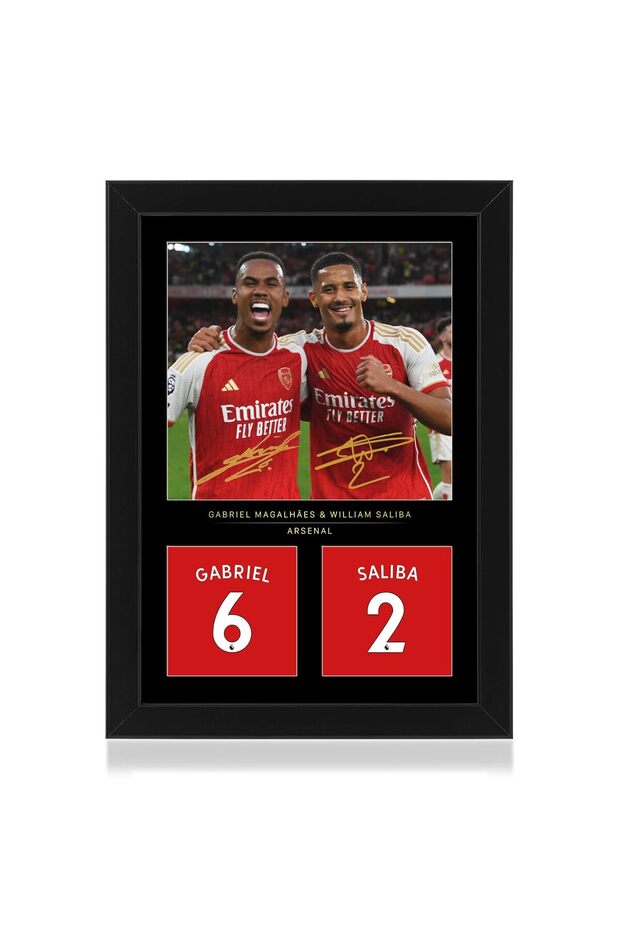 Alayra Framed Gabriel and Saliba Defensive Duo A4 Framed Photo Display - Reproduced Digital Signature - Gift For Arsenal Fans