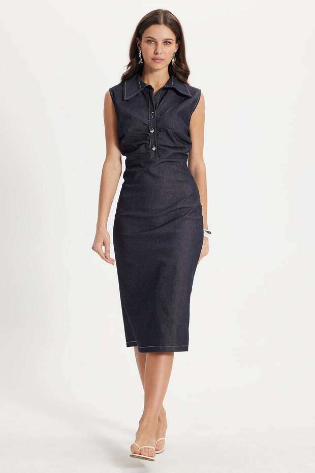Women's Relax Fit Comfortable Cut 100% Cotton Chest Drawstring Detailed Slit Maxi Length Navy Blue Denim Dress