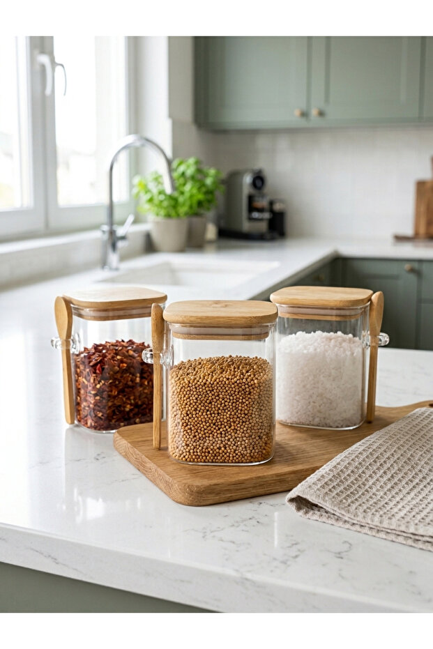 Modern 3-Piece Bamboo Lid Glass Spice Jar and Storage Jar Set with Spoons - 8X10 cm