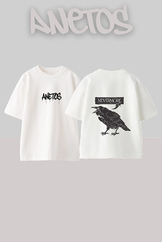 تي شيرت Nevermore Raven Design مطبوع من الخلف مصنوع من القطن باللون الأبيض مقاس كبير