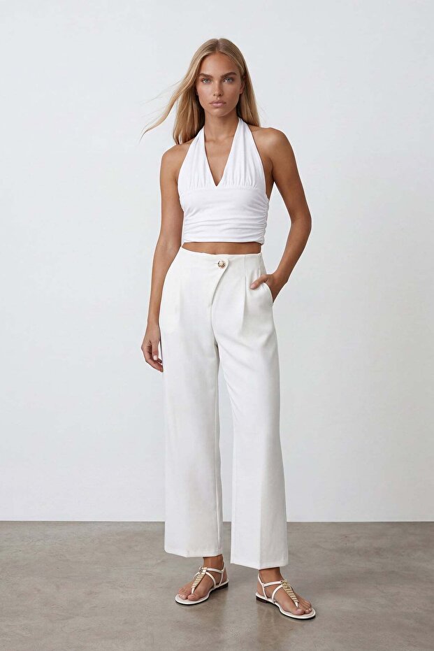 White Double Pocket Hidden Zipper Wrap Closure Knitted Trousers Alc-X15498