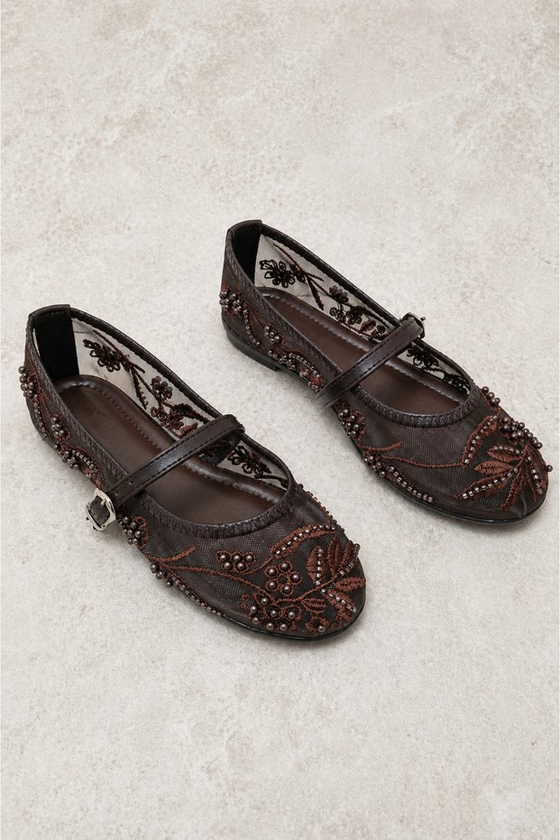 Women's Ballet Flats Brown Lace Mesh Embroidered Buckle Stylish Casual Shoes