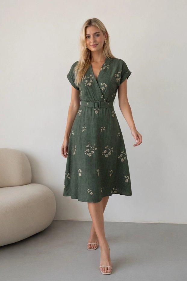 Women's Khaki Floral Embroidered Belted Short Sleeve Summer Dress