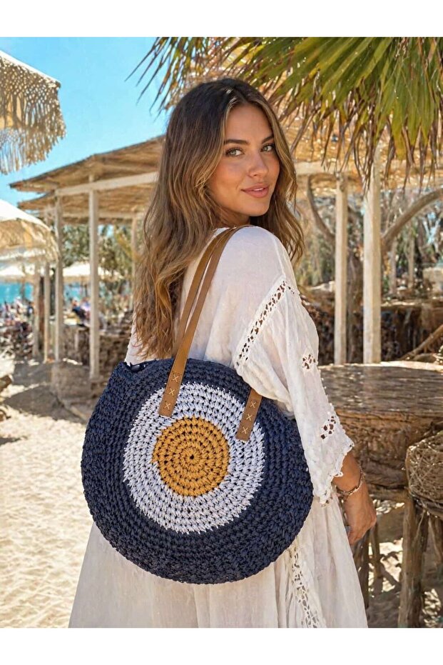 Navy Blue Leather Strap Round Hand Knitted Straw Women's Bag 42X42 cm