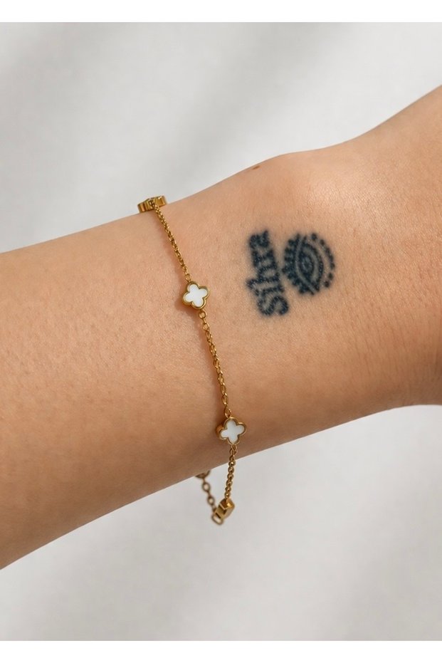 Sihra Accessories Mini Clover Detailed White Enamel Steel Bracelet