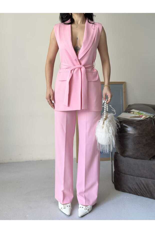 Tie-Fastened Blazer Vest and Wide-Let Pants Suit