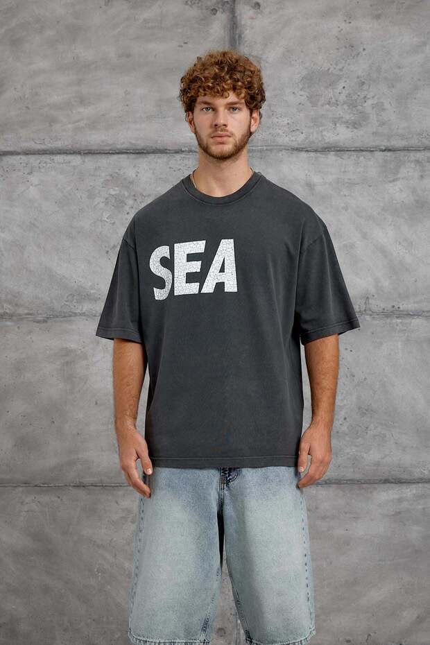 Men's T-Shirt Sea Print Washable Anthracite Oversize Printed Crew Neck Cotton