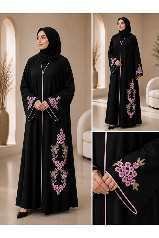 Luxurious Black Abaya with Elegant Pink Embroidery - Classic High-End Design