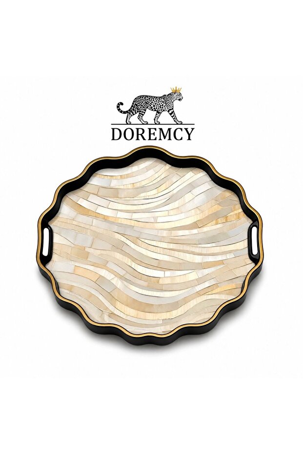 Luxury Glass Surface Presentation Tray 38 cm - Tea and Coffee Serving Tray - Decorative Round Tray with Gold Detail