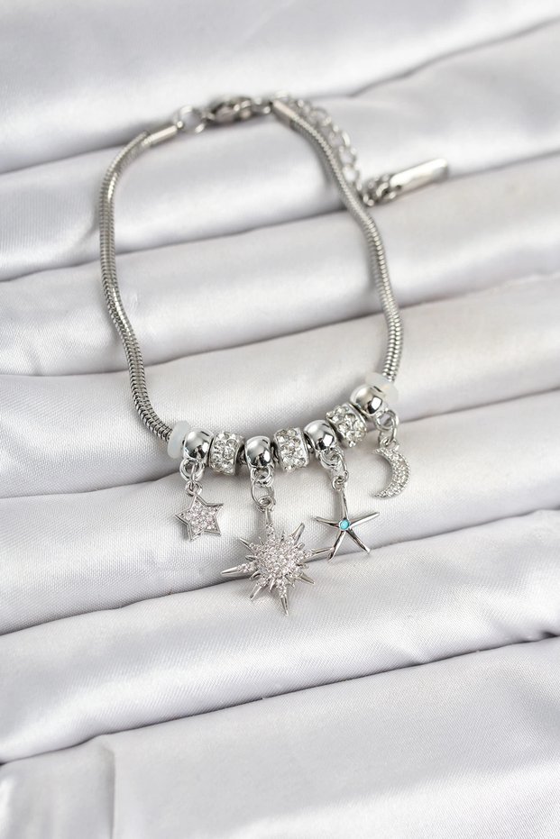 Brass Silver Rk Pole Star Detailed Charm Women's Bracelet