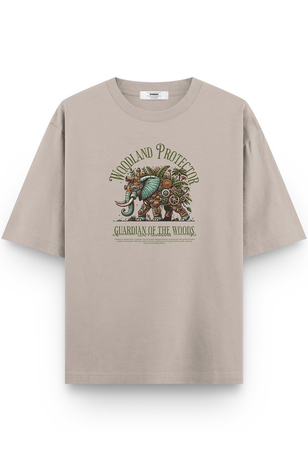 Women's / Men's Semi Oversize T-Shirt Elephant Back Print Stone Color T-Shirt 1400