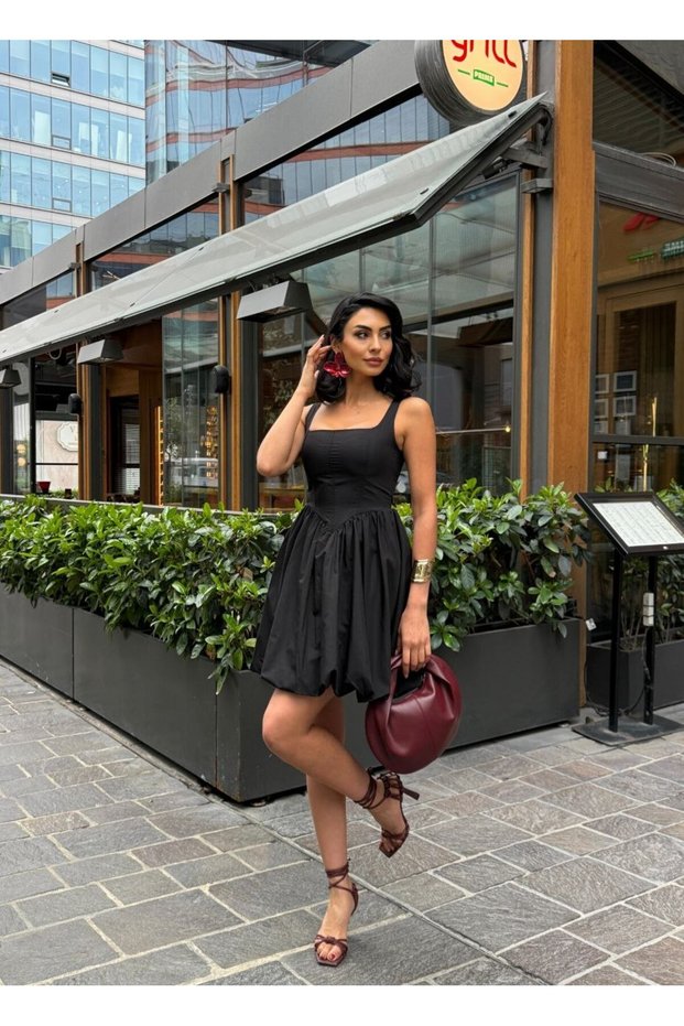 Thick Strapped Waist Corset Detailed Balloon Skirt Mini Dress